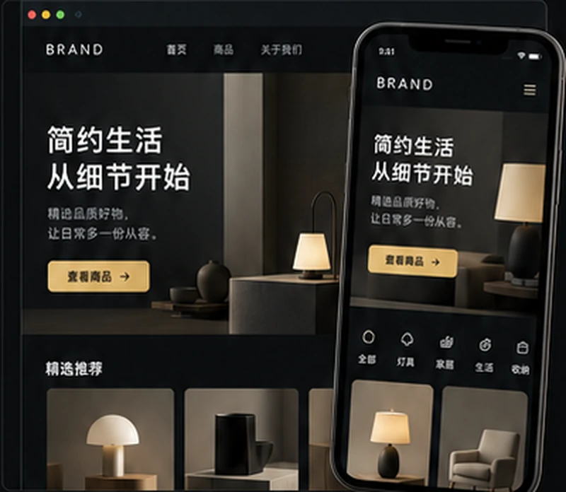 深色品牌产品网站与移动应用的响应式界面示意